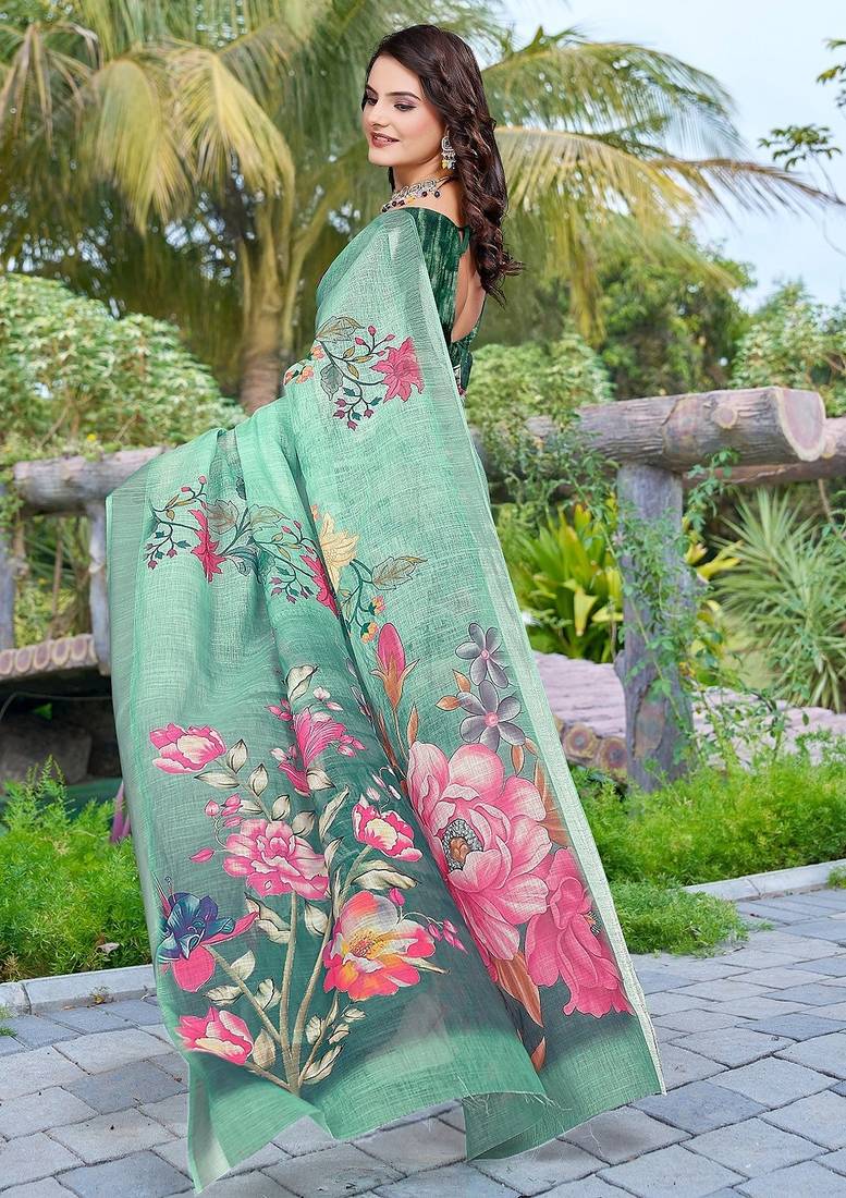 green printed pure cotton green saree with blouse