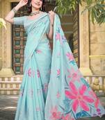 light_blue printed pure cotton light blue saree with blouse