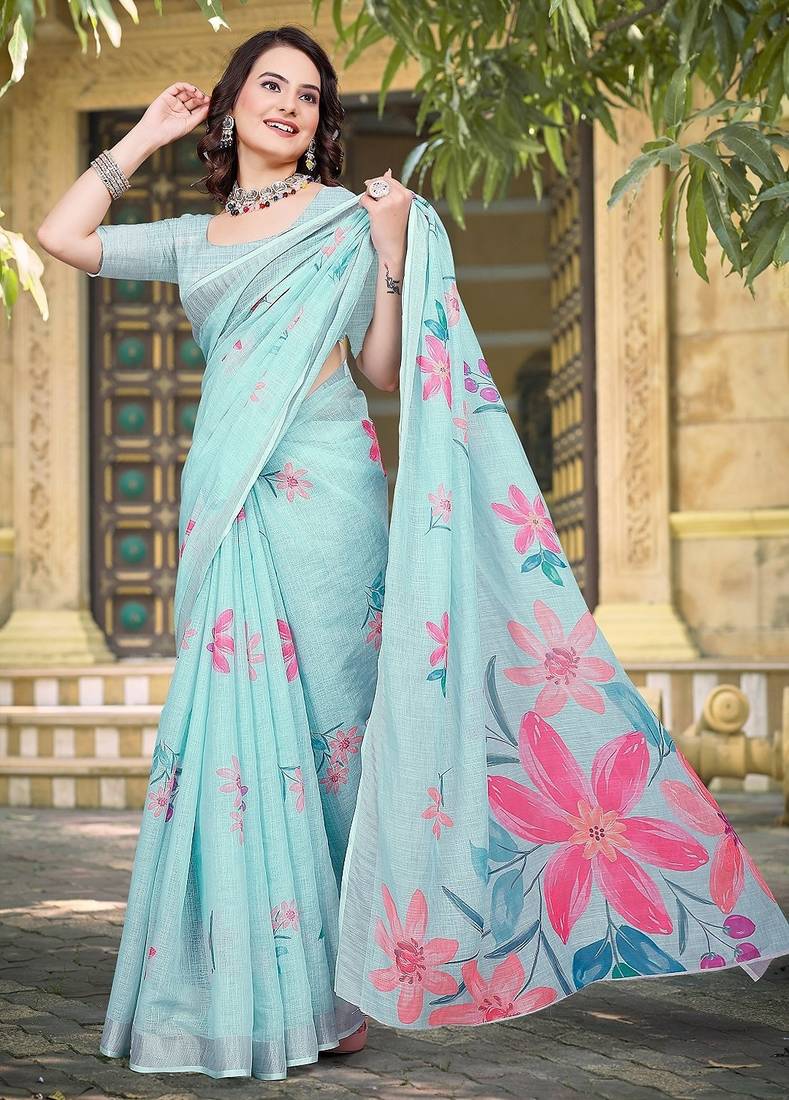 light_blue printed pure cotton light blue saree with blouse