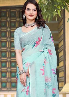light_blue printed pure cotton light blue saree with blouse 2