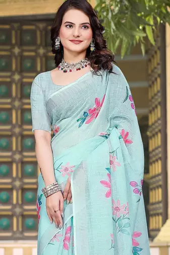 light_blue printed pure cotton light blue saree with blouse