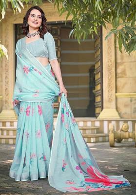 light_blue printed pure cotton light blue saree with blouse 3