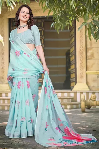 light_blue printed pure cotton light blue saree with blouse