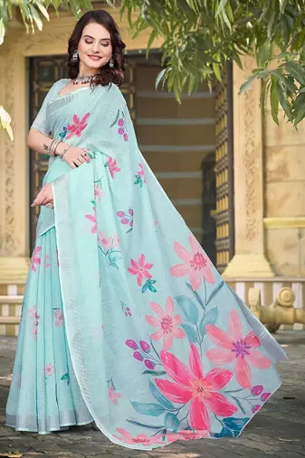 light_blue printed pure cotton light blue saree with blouse
