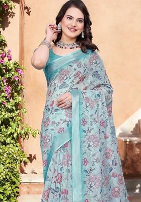 multicolor printed pure cotton multicolor saree with blouse 2