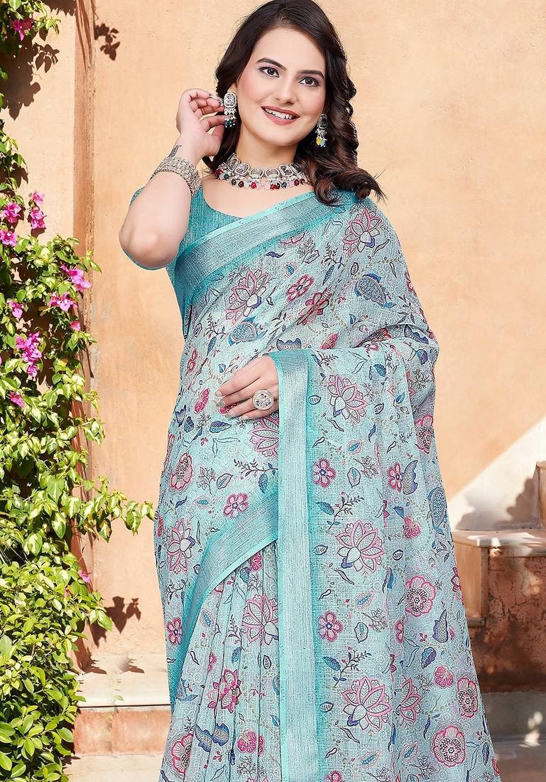 multicolor printed pure cotton multicolor saree with blouse