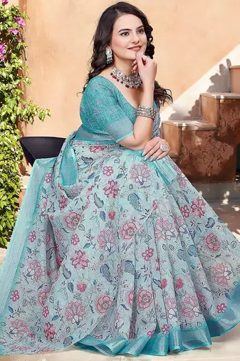 multicolor printed pure cotton multicolor saree with blouse
