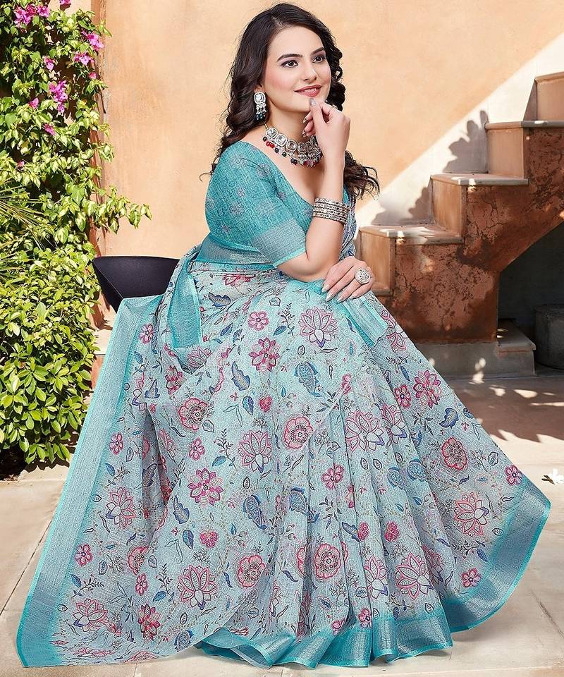 multicolor printed pure cotton multicolor saree with blouse