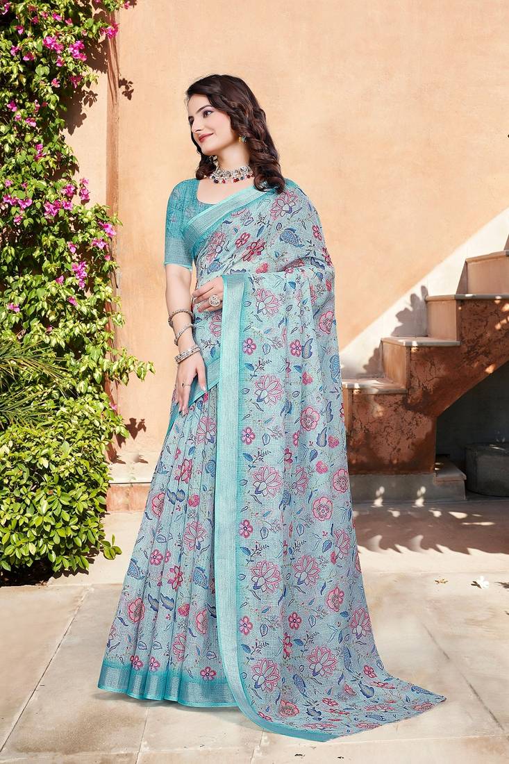 multicolor printed pure cotton multicolor saree with blouse