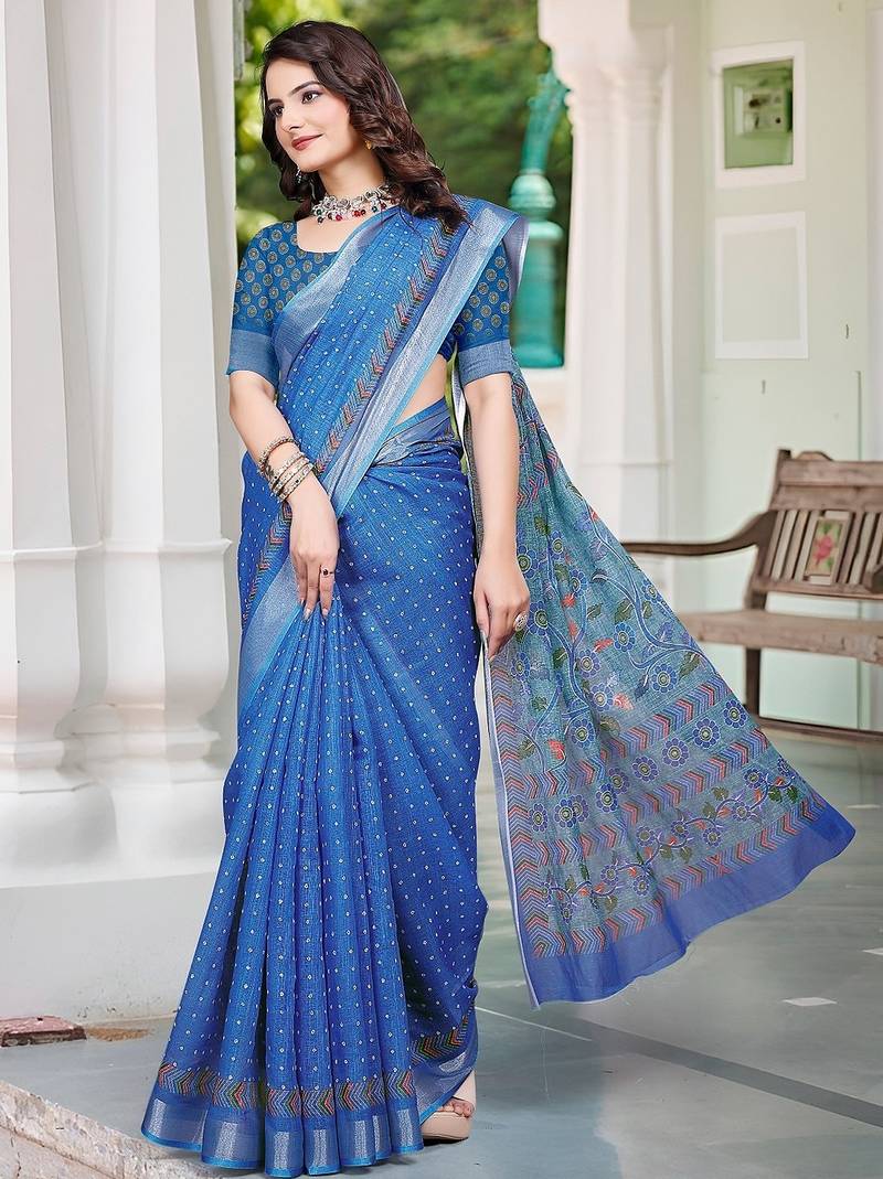 blue printed pure cotton blue saree with blouse