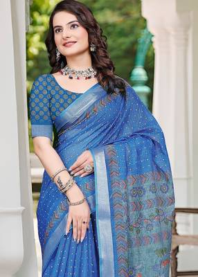 blue printed pure cotton blue saree with blouse 2