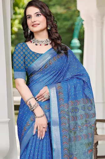 blue printed pure cotton blue saree with blouse