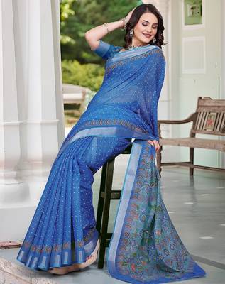 blue printed pure cotton blue saree with blouse 3