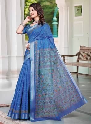 blue printed pure cotton blue saree with blouse 4