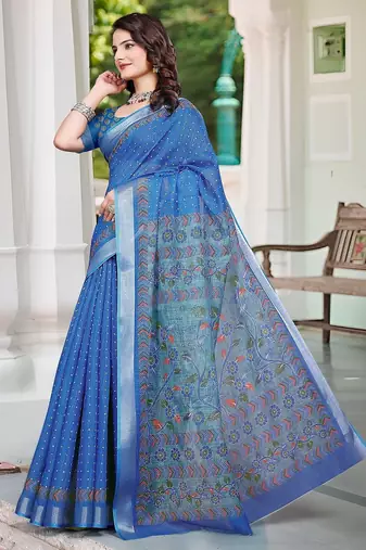 blue printed pure cotton blue saree with blouse