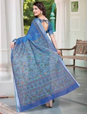 blue printed pure cotton blue saree with blouse 5