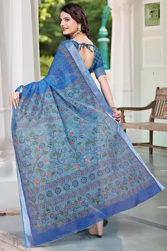 blue printed pure cotton blue saree with blouse