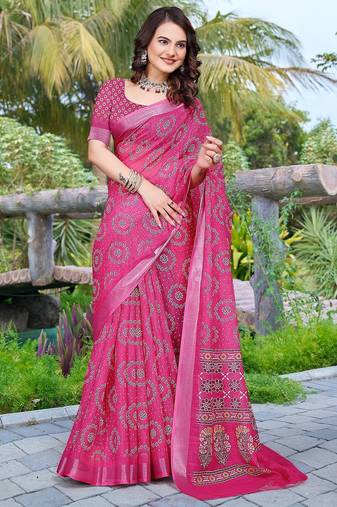 pink printed pure cotton pink saree with blouse