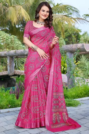 pink printed pure cotton pink saree with blouse