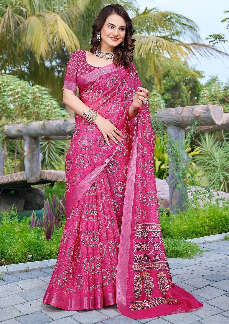 pink printed pure cotton pink saree with blouse