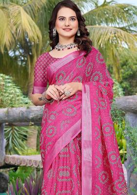 pink printed pure cotton pink saree with blouse 2