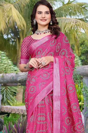 pink printed pure cotton pink saree with blouse
