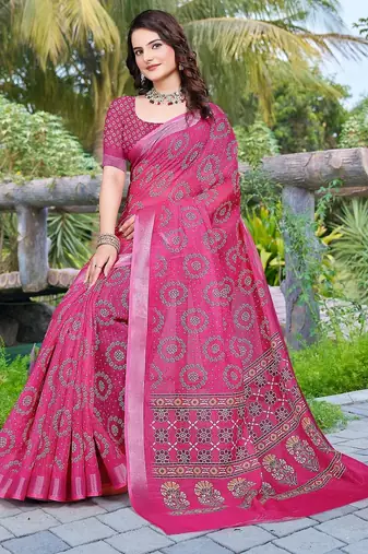pink printed pure cotton pink saree with blouse