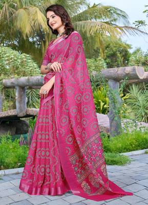 pink printed pure cotton pink saree with blouse 4