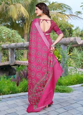 pink printed pure cotton pink saree with blouse 5