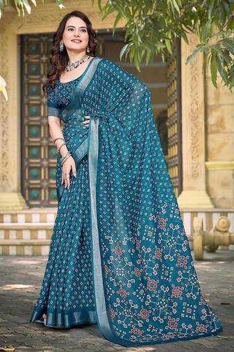 teal printed pure cotton teal blue saree with blouse