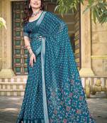 teal printed pure cotton teal blue saree with blouse