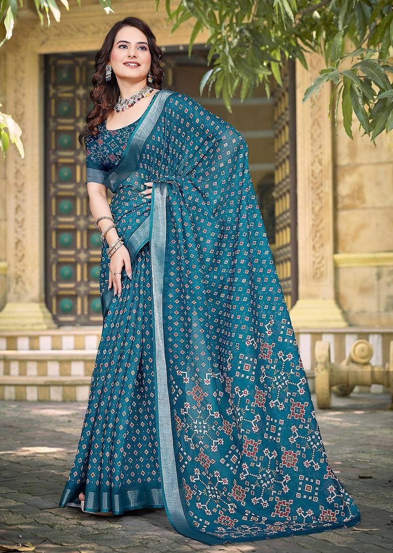 teal printed pure cotton teal blue saree with blouse