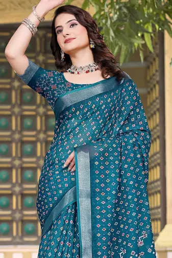 teal printed pure cotton teal blue saree with blouse