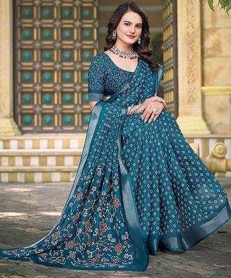 teal printed pure cotton teal blue saree with blouse 3