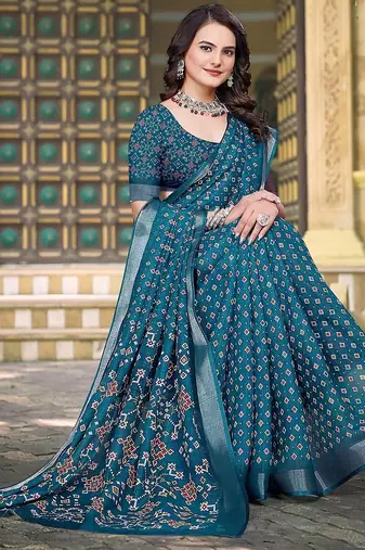 teal printed pure cotton teal blue saree with blouse