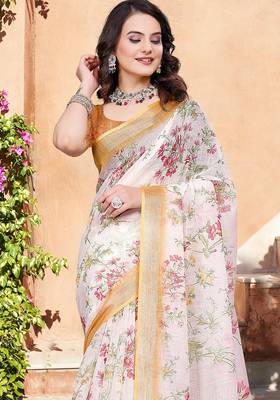 multicolor printed pure cotton multicolor saree with blouse 2