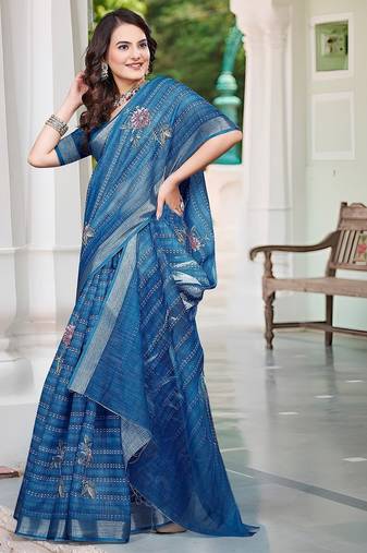 blue printed pure cotton blue saree with blouse