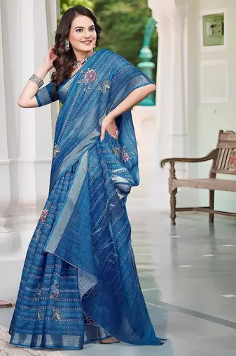 blue printed pure cotton blue saree with blouse