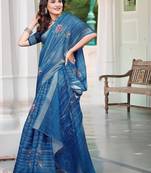 blue printed pure cotton blue saree with blouse