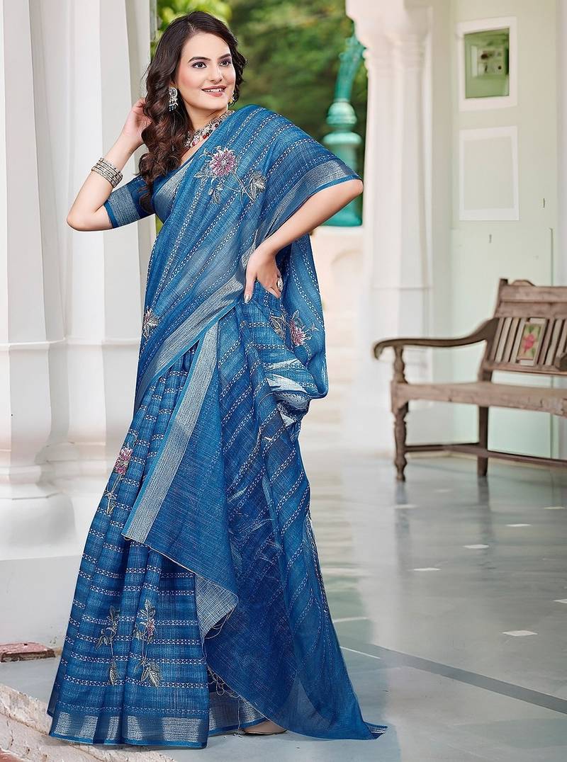 blue printed pure cotton blue saree with blouse