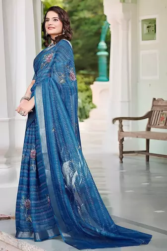 blue printed pure cotton blue saree with blouse