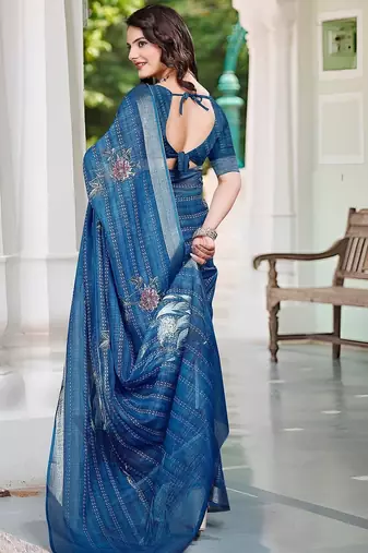 blue printed pure cotton blue saree with blouse