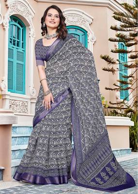 navy_blue printed pure cotton navy blue saree with blouse 1