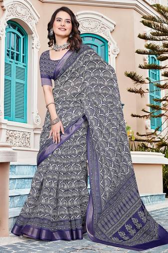 navy_blue printed pure cotton navy blue saree with blouse