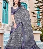 navy_blue printed pure cotton navy blue saree with blouse