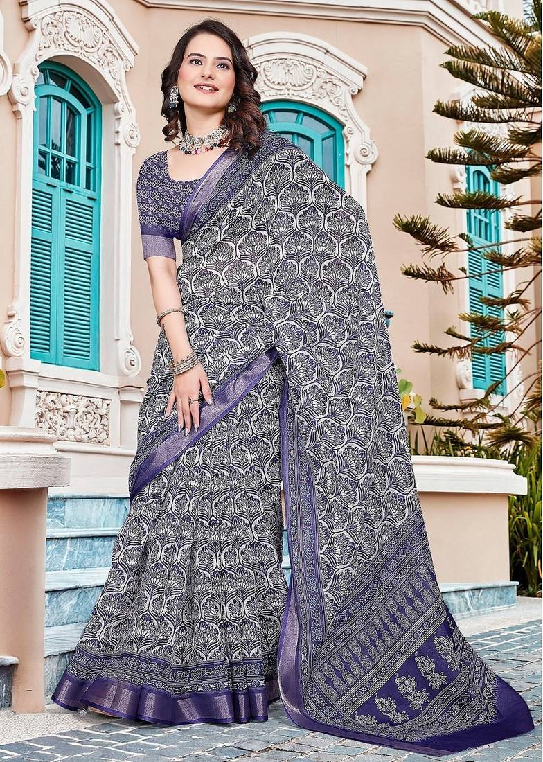 navy_blue printed pure cotton navy blue saree with blouse