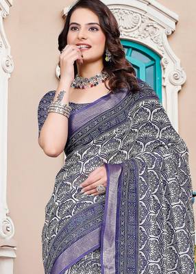 navy_blue printed pure cotton navy blue saree with blouse 2