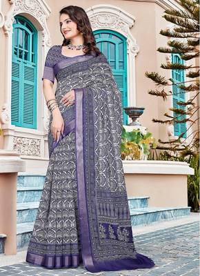 navy_blue printed pure cotton navy blue saree with blouse 3