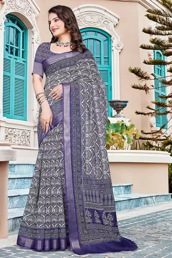 navy_blue printed pure cotton navy blue saree with blouse