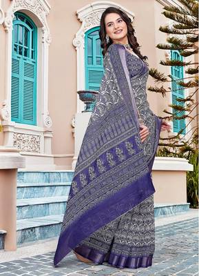 navy_blue printed pure cotton navy blue saree with blouse 4